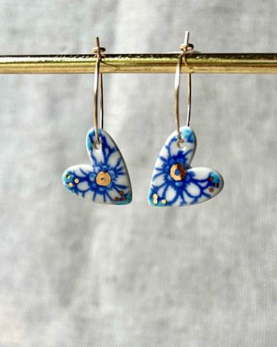 Small Calico Heart Hoop Earrings