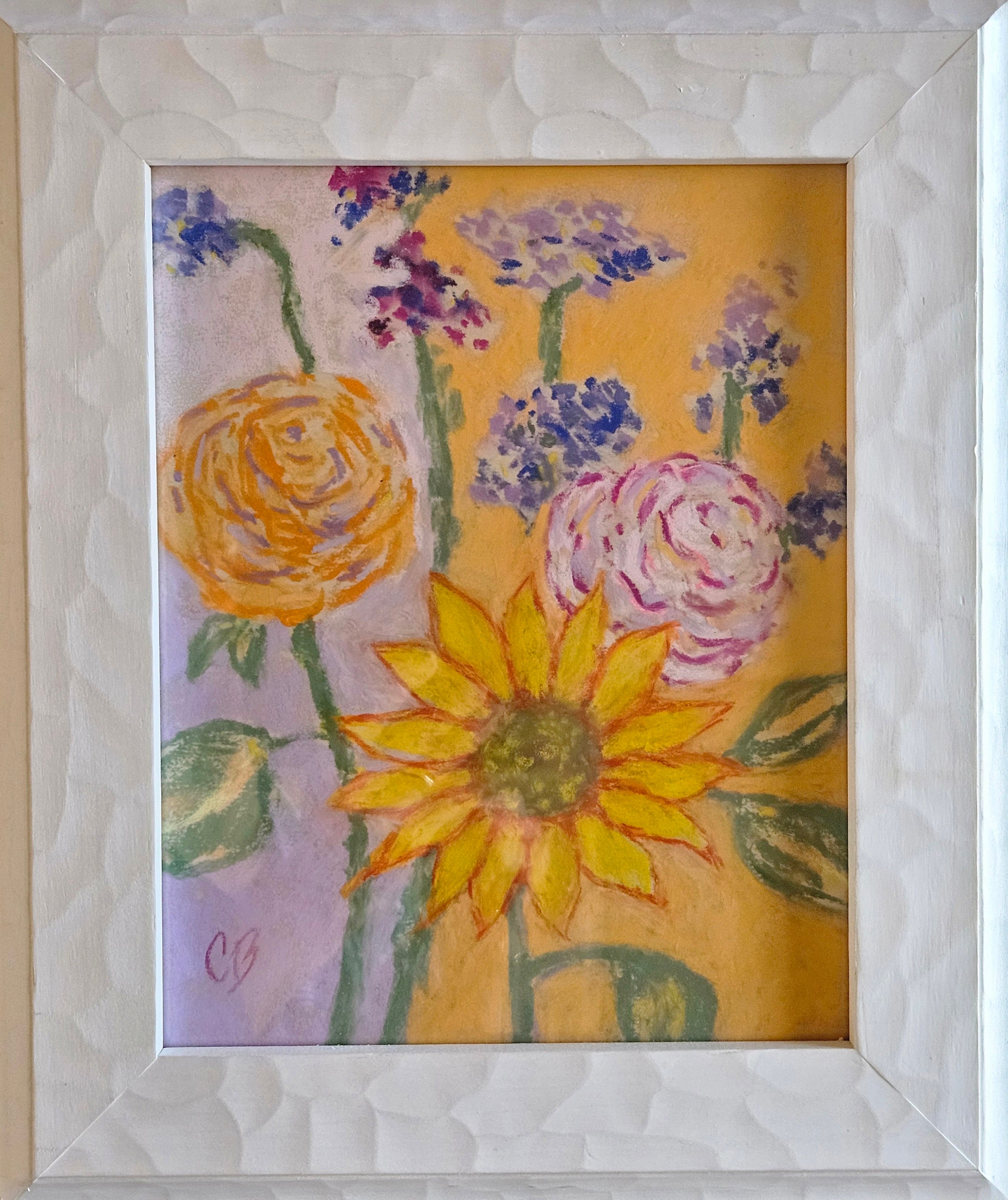 Floral oil painting in white frame