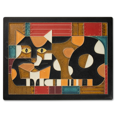 Crazy Quilt Cat 6x8 Tile by Motawi, featuring a playful cat design with checkerboard borders, stitched quilt textures, and warm earth tones