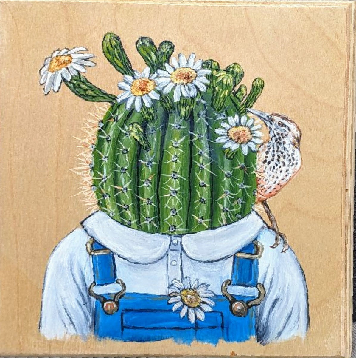 Cactus with daiseys head wearing overalls art print