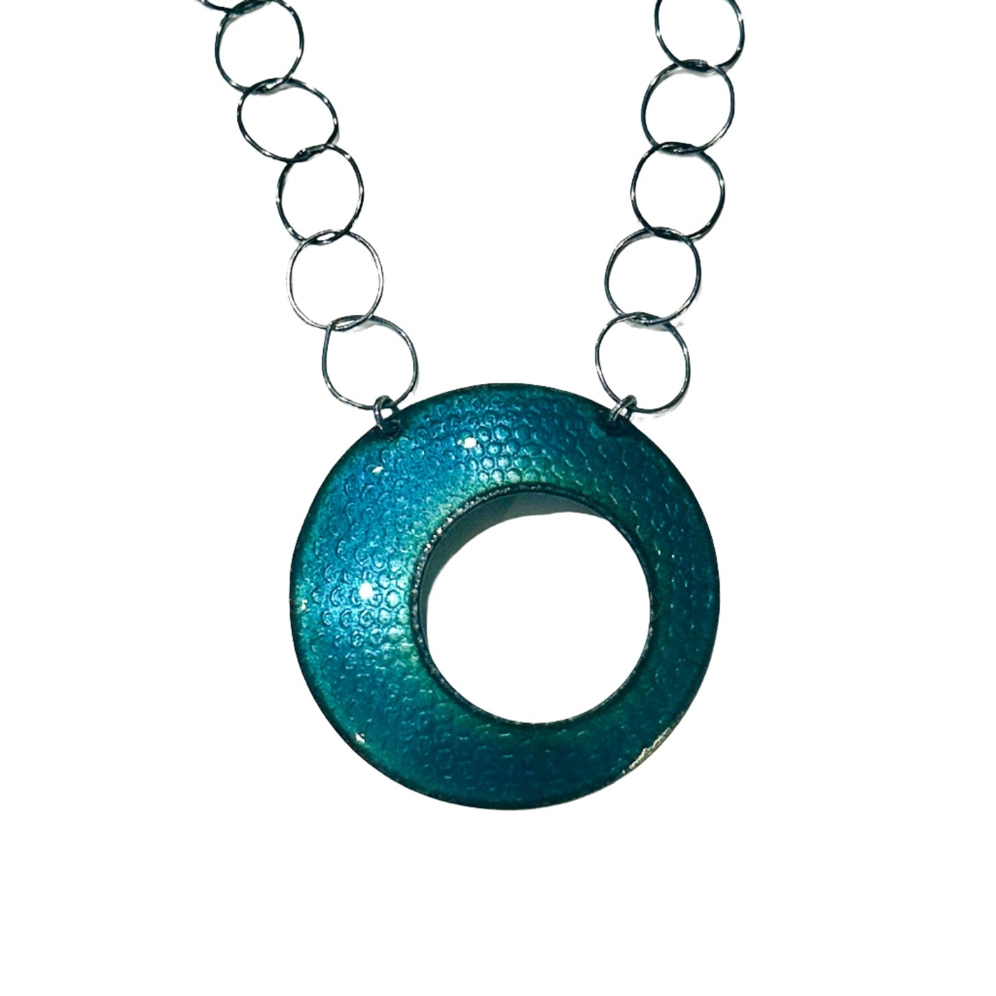 Blue enameled round diatom pendant necklace