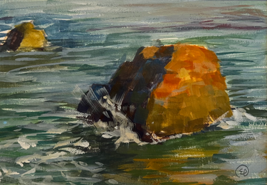 A picturesque gouache painting titled 'Hearts for the Arts | Offshore Glow' by the artist Erika Perloff, depicting a serene ocean scene with a prominent orange rock emerging from the water, showcasing the beauty of West Cliff. This artwork is created for supporting art education.
