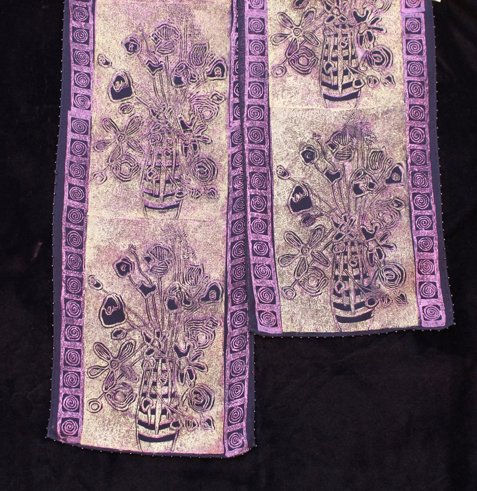 Flower in a Vase Scarf made of 100% silk with vibrant pink and gold designs on black chiffon, handmade by artist Jody Bare in Santa Cruz.