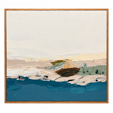 An abstract landscape painting in a square light wood frame, featuring textured brushstrokes of deep blue, cream, beige, brown, and muted green.