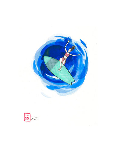 woman on surfboard watercolor painting