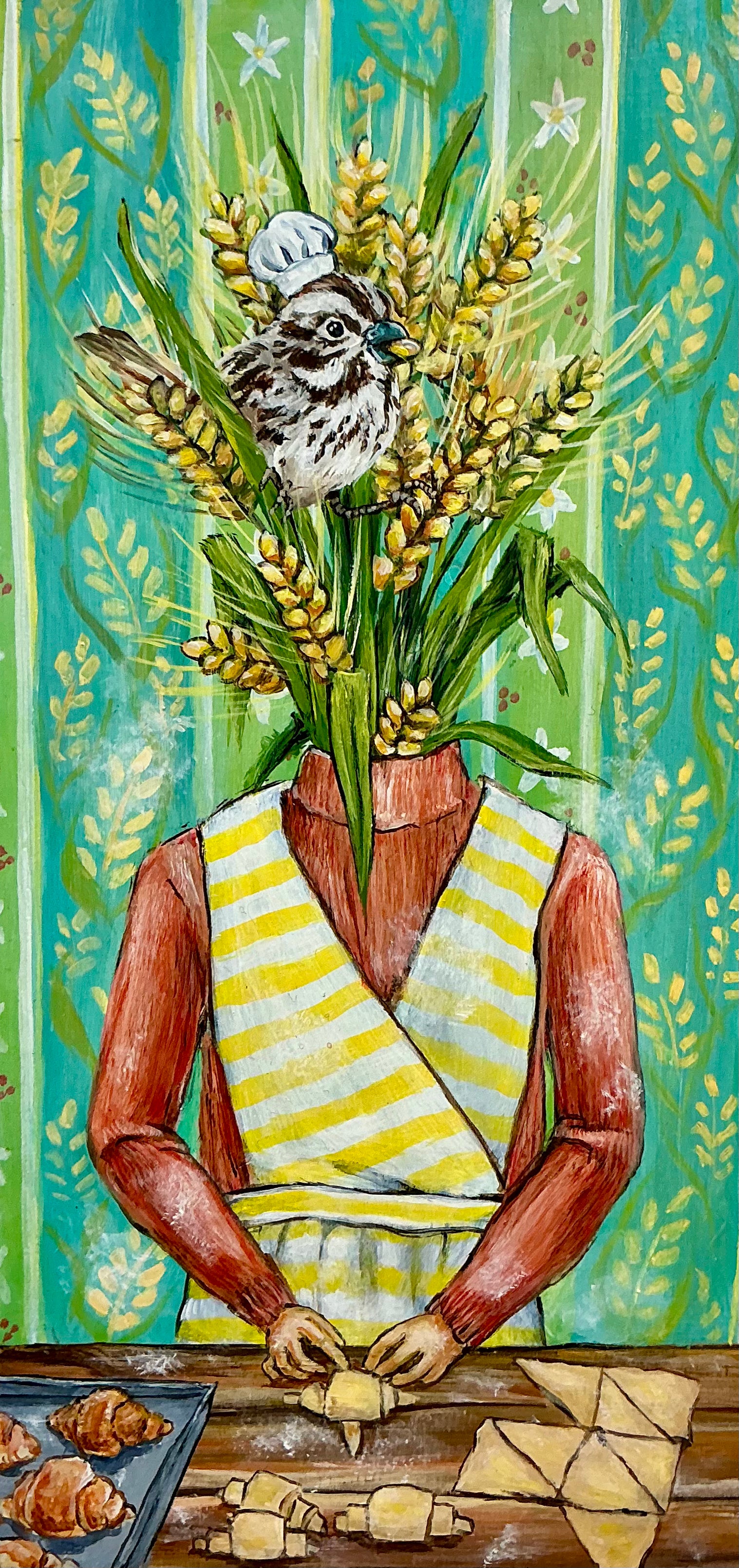 Sweet Wheat | Original painting by Diana Hartman, featuring whimsical nature themes with surreal animals and plants on a repurposed wood panel.