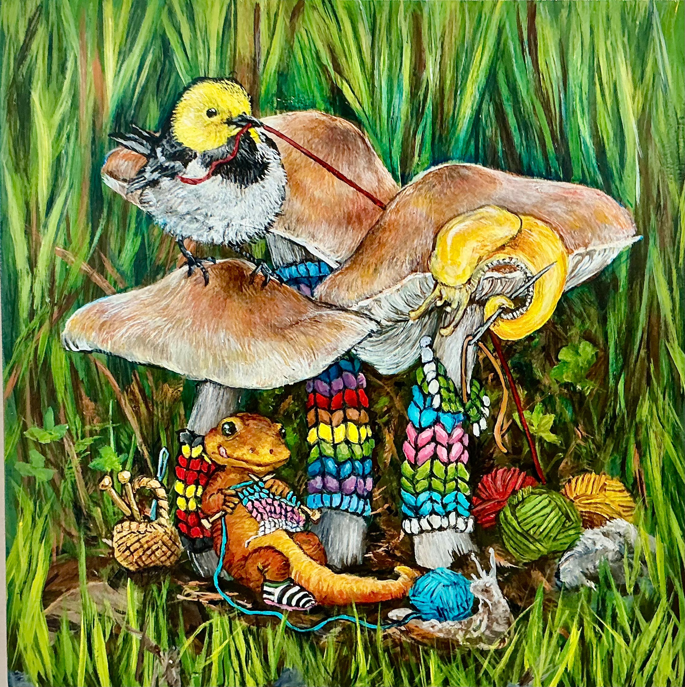 Original painting titled 'Under the Deer Mushrooms' by Diana Hartman. A whimsical artwork featuring surreal animals and plants, painted with acrylic on repurposed wood, showcasing a dreamlike and nature-inspired theme.