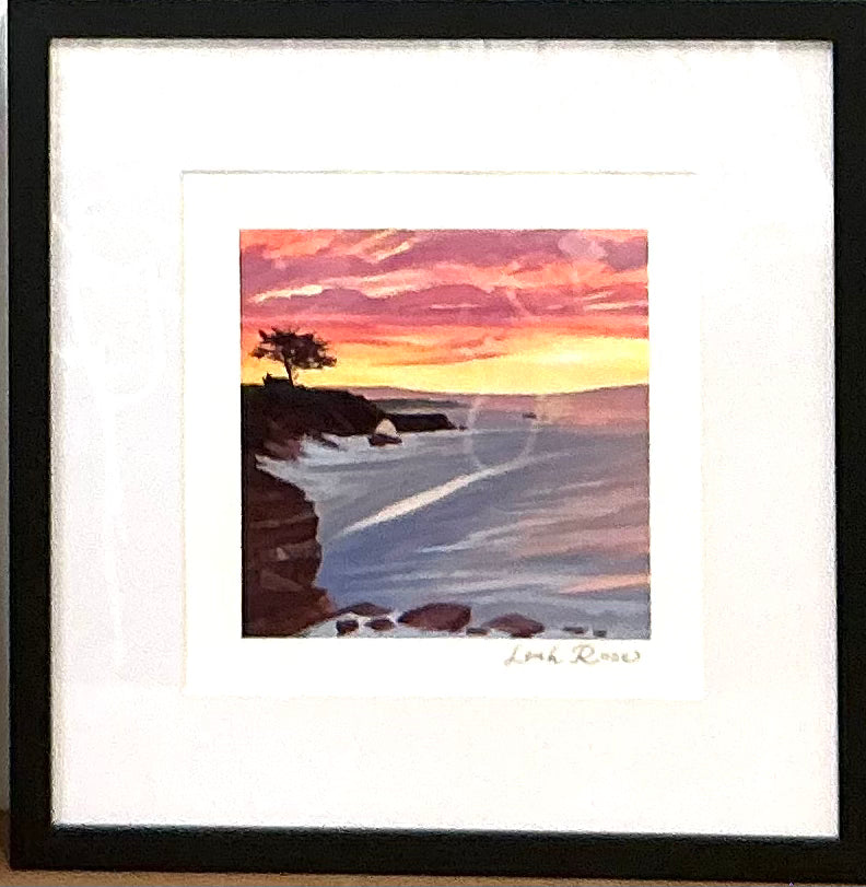Acrylic painting titled 'California View 3, Black's Beach 2026' by Leah Rose, showcasing the beauty of California's diverse landscapes in a 6x6" size, framed to 12.5x12.5".