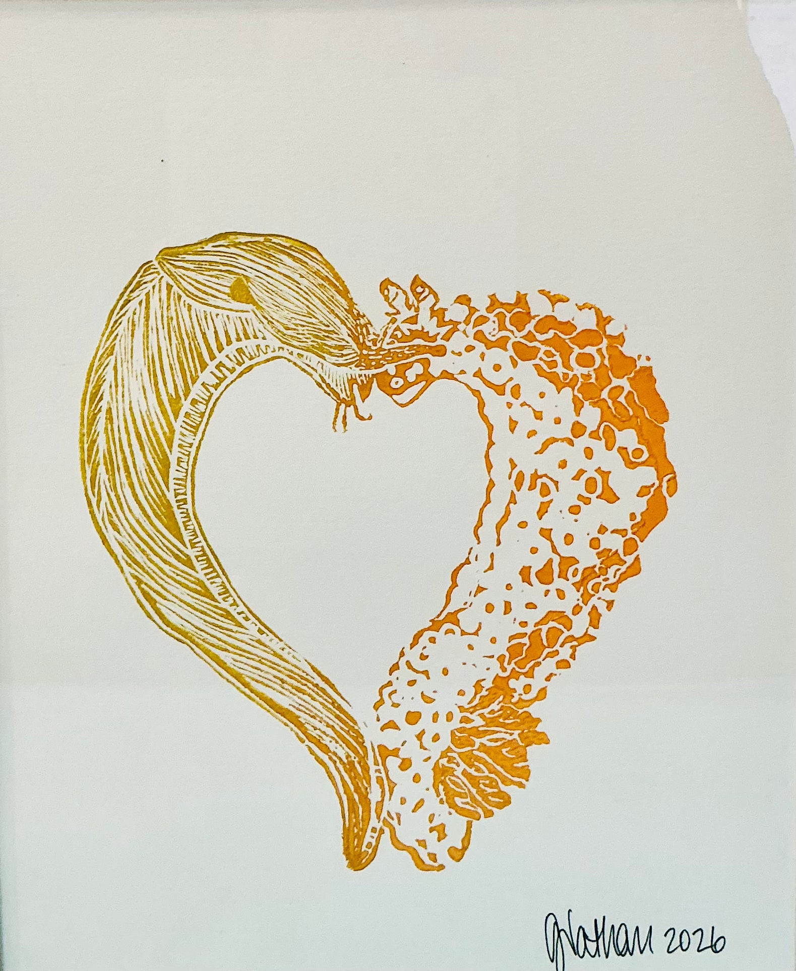 Detailed view of the artwork 'Hearts for the Arts | Love a Slug' by Hearts for the Arts, showcasing a banana slug and Monterey Dorid intertwined in a heart design, displayed with the artist's signature.