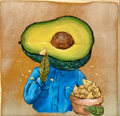 avocado print dressed with a blue shirt and bowl of guac