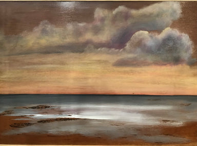 mixed media oil painting of the ocean cloudy sky at sunset