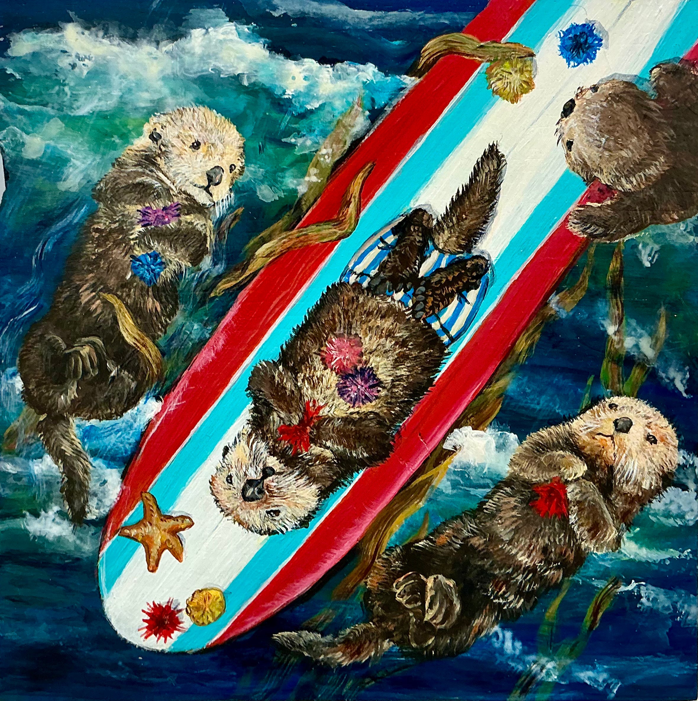 Original painting titled '841 and Friends' by Diana Hartman, featuring whimsical animals and plants on repurposed wood, showcasing a surreal, storybook style.