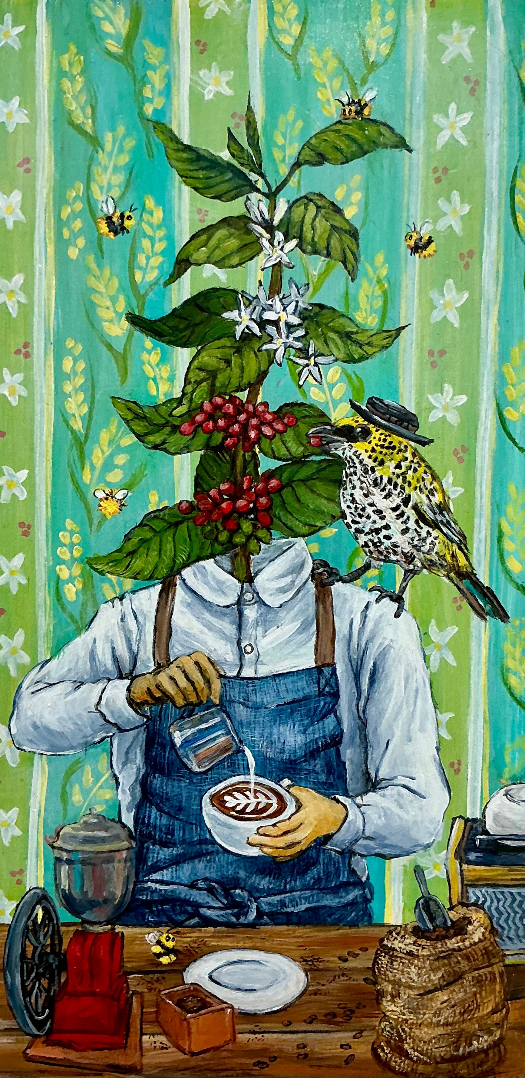 Cary Cappuccino | Original painting by Diana Hartman, featuring whimsical animal and plant art on repurposed wood, showcasing surreal storytelling and charm.