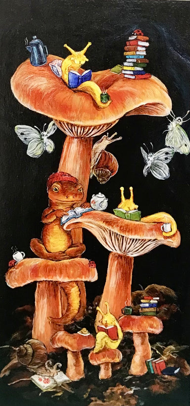 Mushroom caps with book worms and butterflies