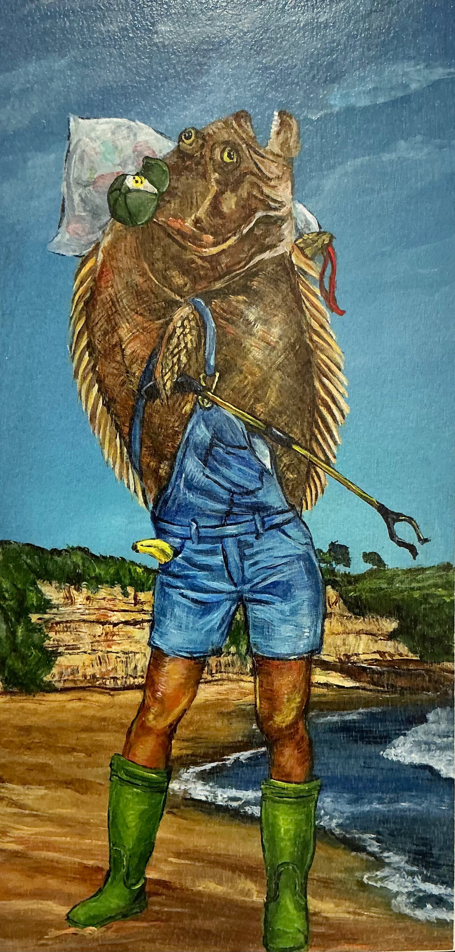 Giclee print titled 'Flounder Beach Clean Up' by Diana Hartman, depicting a whimsical anthropomorphic flounder dressed in overalls and boots, standing on a beach with a fishing spear, combining elements of nature and surrealism.