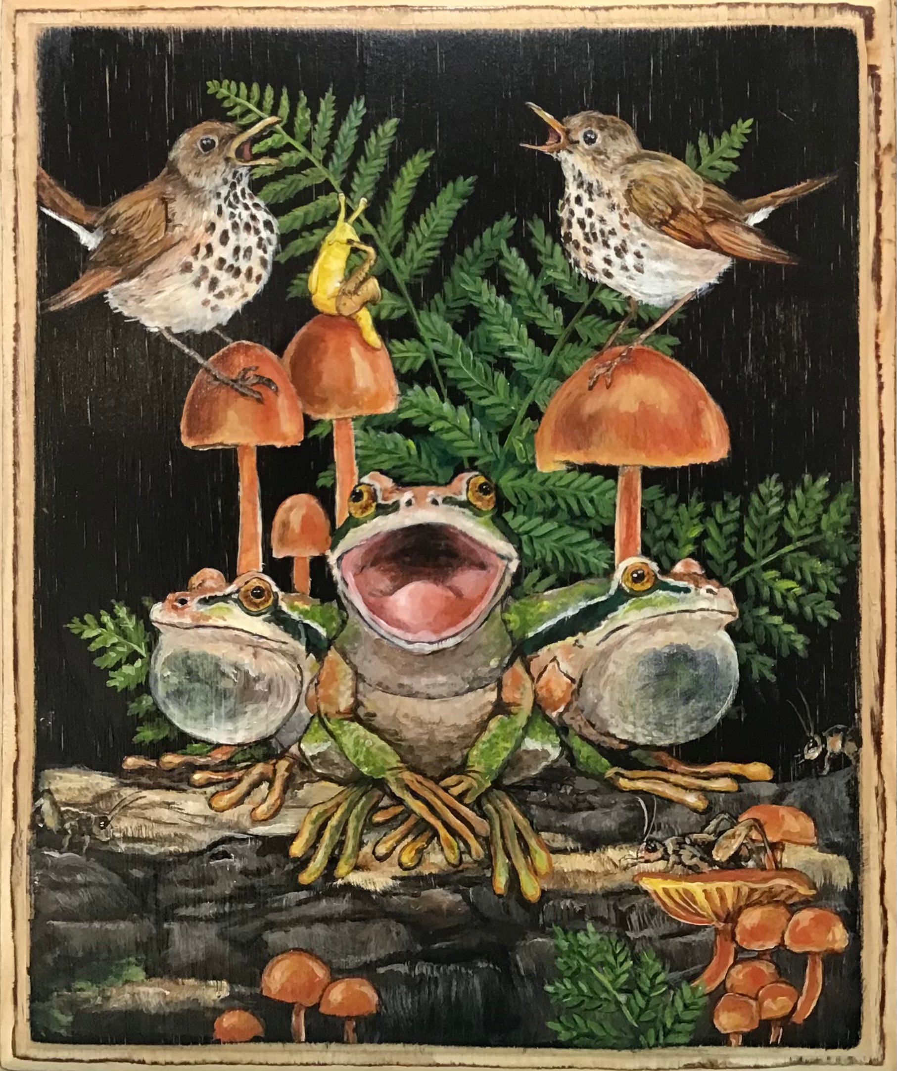 art print with frogs, birds and mushroom caps