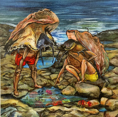 Surreal artwork titled 'Abalones Tide Pooling' by Diana Hartman, depicting two figures exploring a tidal pool with unique shell-like hats, surrounded by colorful marine life, capturing a whimsical and dreamlike essence.
