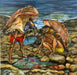 Surreal artwork titled 'Abalones Tide Pooling' by Diana Hartman, depicting two figures exploring a tidal pool with unique shell-like hats, surrounded by colorful marine life, capturing a whimsical and dreamlike essence.