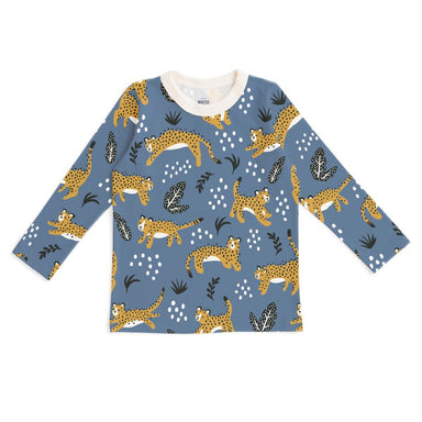 Wildcats Lake Blue Long Sleeve Tee displaying a vibrant leopard pattern, crafted from soft organic cotton by Winter Water Factory.