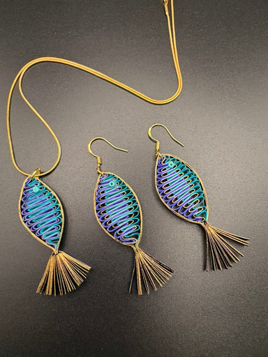 Breeze Chic | Golden Blue Fish Necklace, handcrafted paper quilling jewelry design in blue and gold