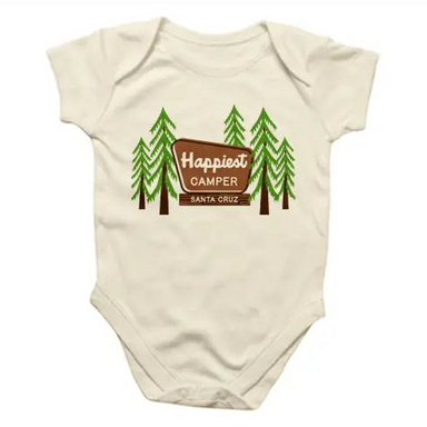 Happiest Camper Onesie by Rock Scissor Paper, graphic apparel with the featured design