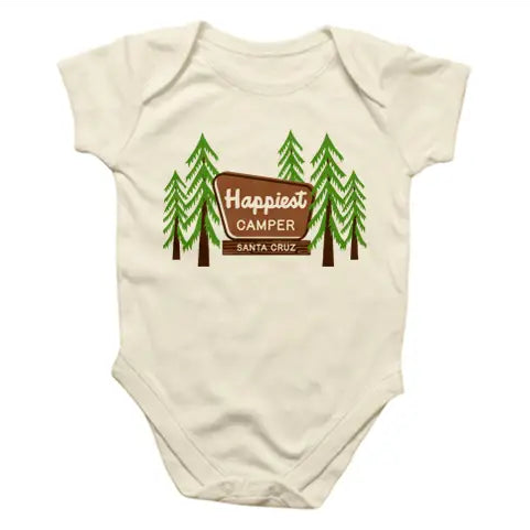 Happiest Camper Onesie by Rock Scissor Paper, graphic apparel with the featured design