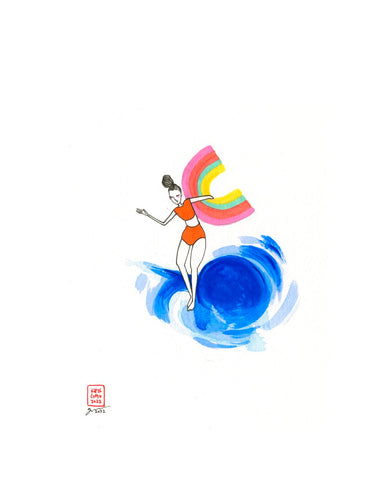 woman on wave holding a rainbow painting