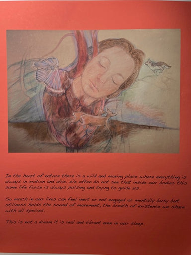 Artistic photomontage titled 'Heart of Nature' by Hearts for the Arts, depicting a serene scene with a woman dreaming, surrounded by animals and nature, emphasizing tranquility and connection with the environment.