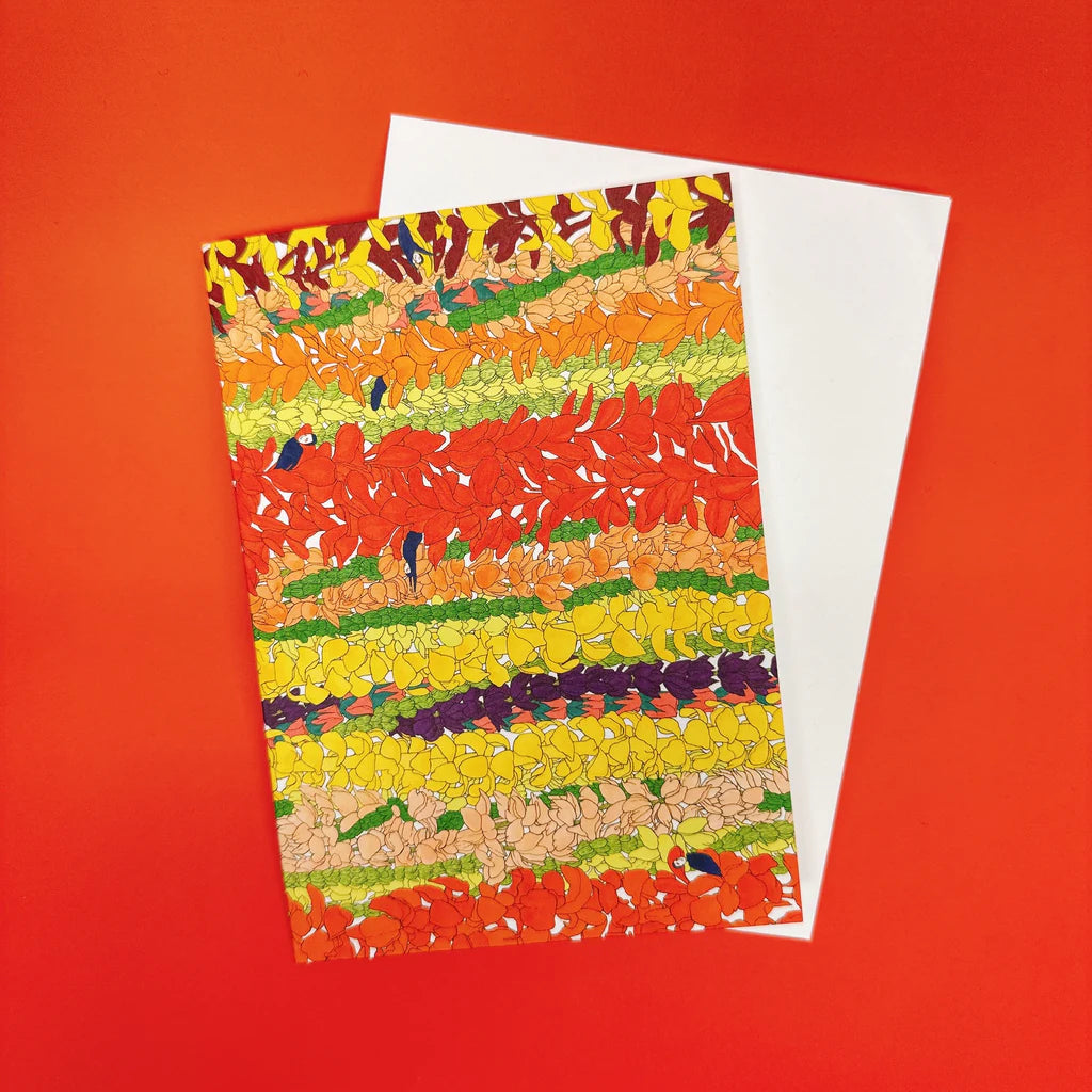 Kris Goto Card Collection presenting a colorful card featuring an intricate pattern of flowers and shapes in vibrant autumn hues, ideal for seasonal greetings.