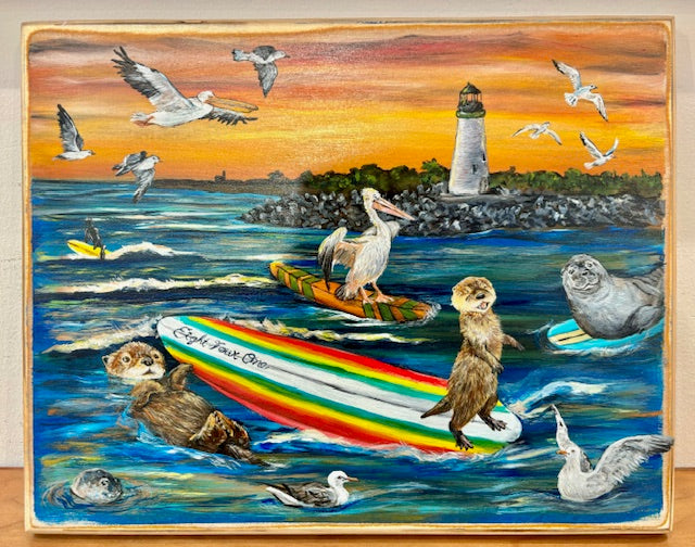 wild life animals on a surf board painting