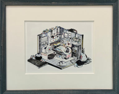 Framed artwork by Mari Minjoe showcasing whimsical scenes with pen, ink, and watercolor, reflecting her imaginative spirit and love for childhood themes.