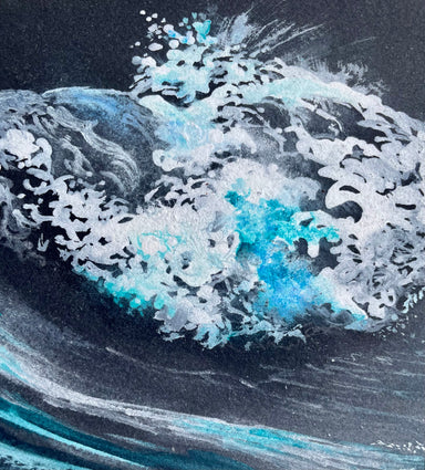 Abstract wave study artwork titled 'Ocean Love' by artist Tina Seppalainen, showcasing vibrant shades of blue and white, representing the motion and light of coastal landscapes. Part of the Hearts for the Arts collection.