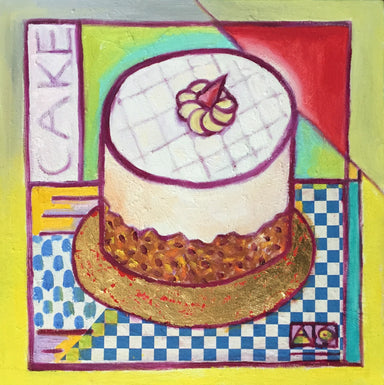 Hearts for the Arts 'For the Love of Cake' oil painting features a colorful depiction of a cake, showcasing gold leaf and collaged paper elements by Anna Oneglia.