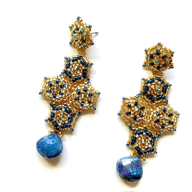 blue and gold beaded drop earrings with blue iliote