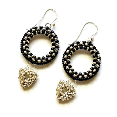 silver and black beaded drop earrings