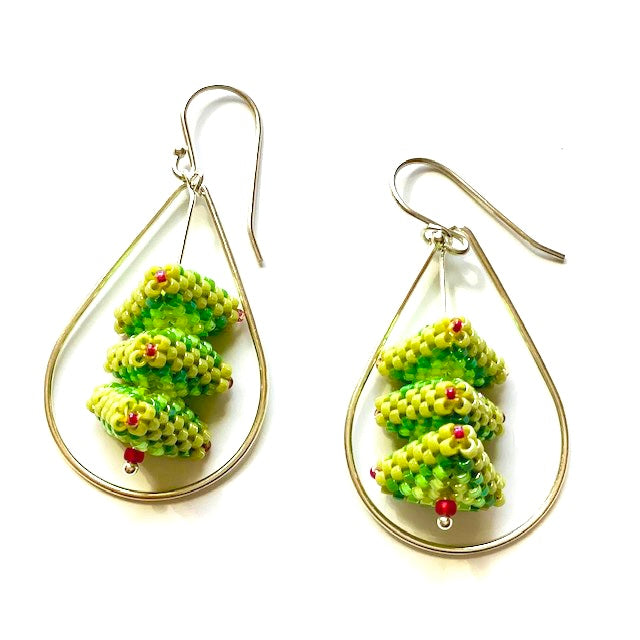 Gold drop earrings with green beaded triangles