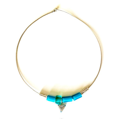 triangle beaded wire necklace with blue glass