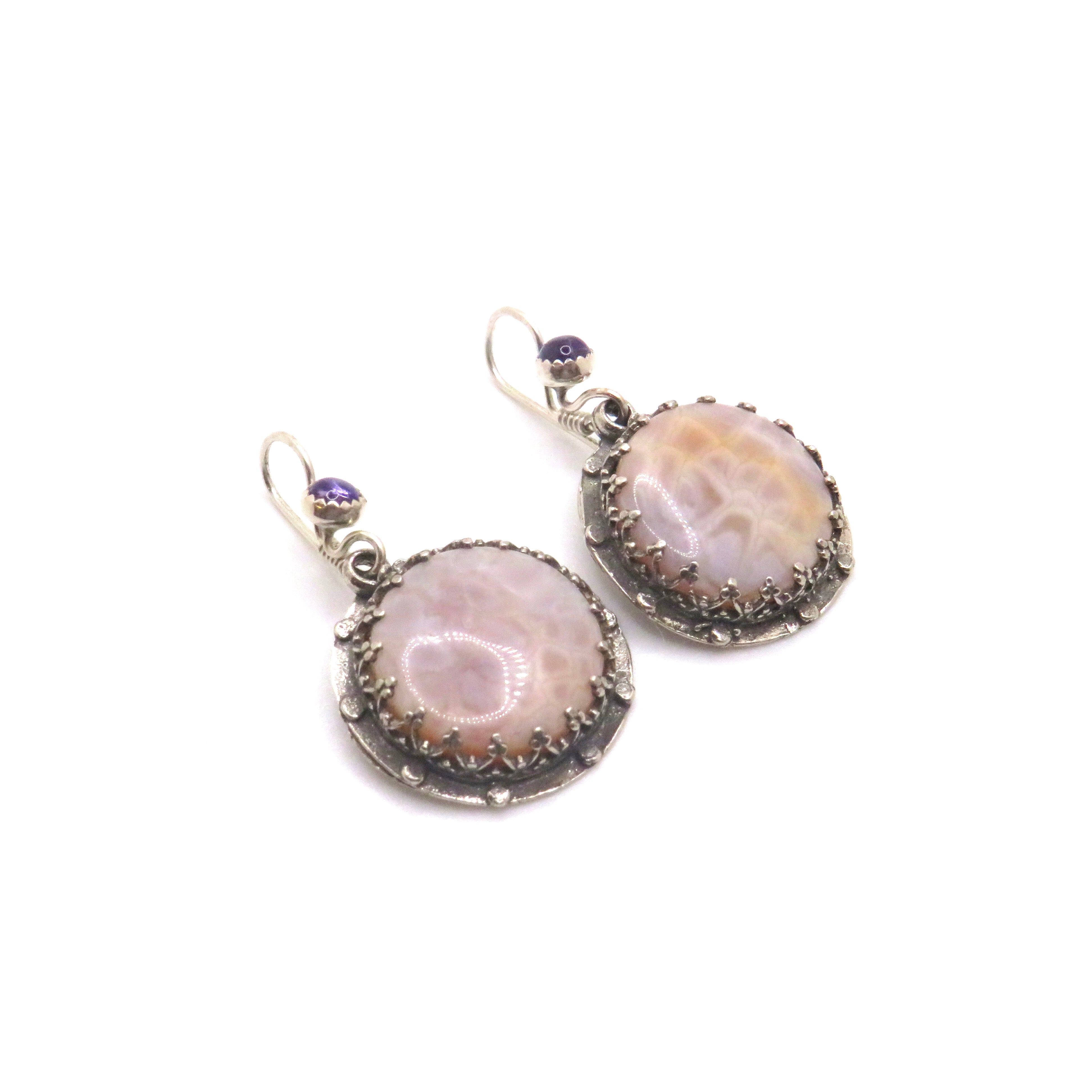 Petrified Coral and Amethyst Earrings