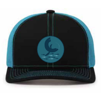 sea lion with fish black and blue trucker hat