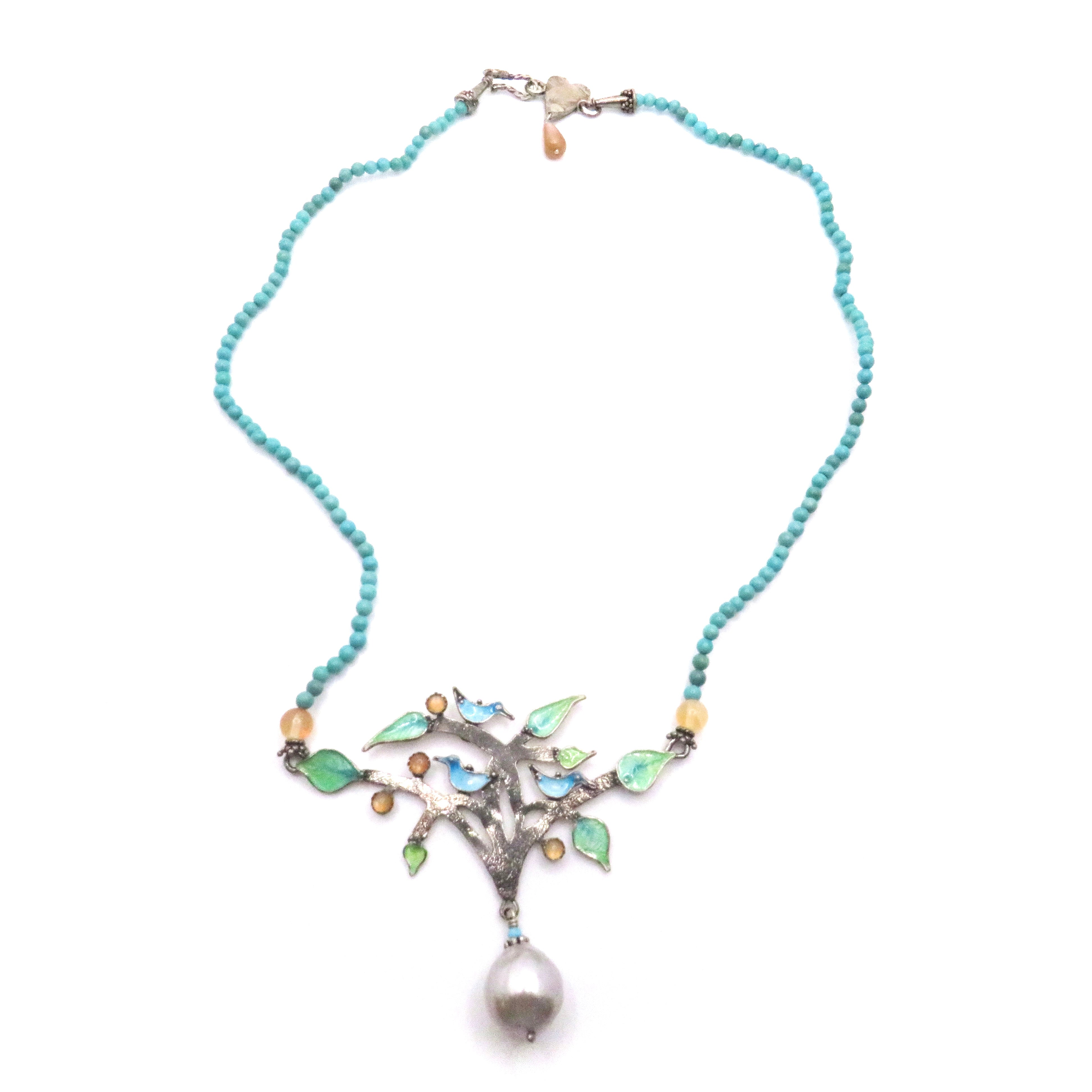 Enamel Birds, Pearl, Moonstone, and Turquoise Necklace