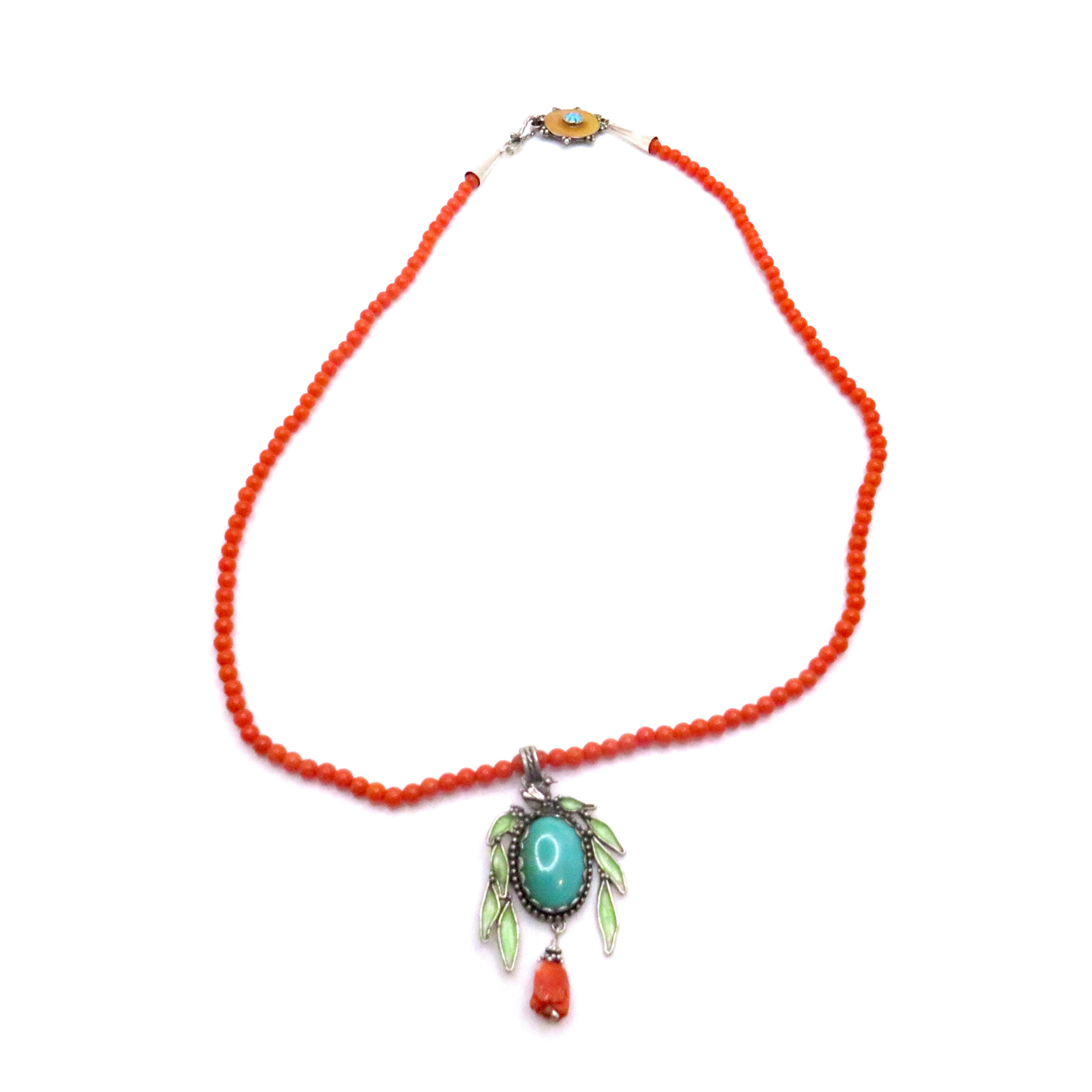 Coral, Turquoise, and Enamel Leaves Necklace