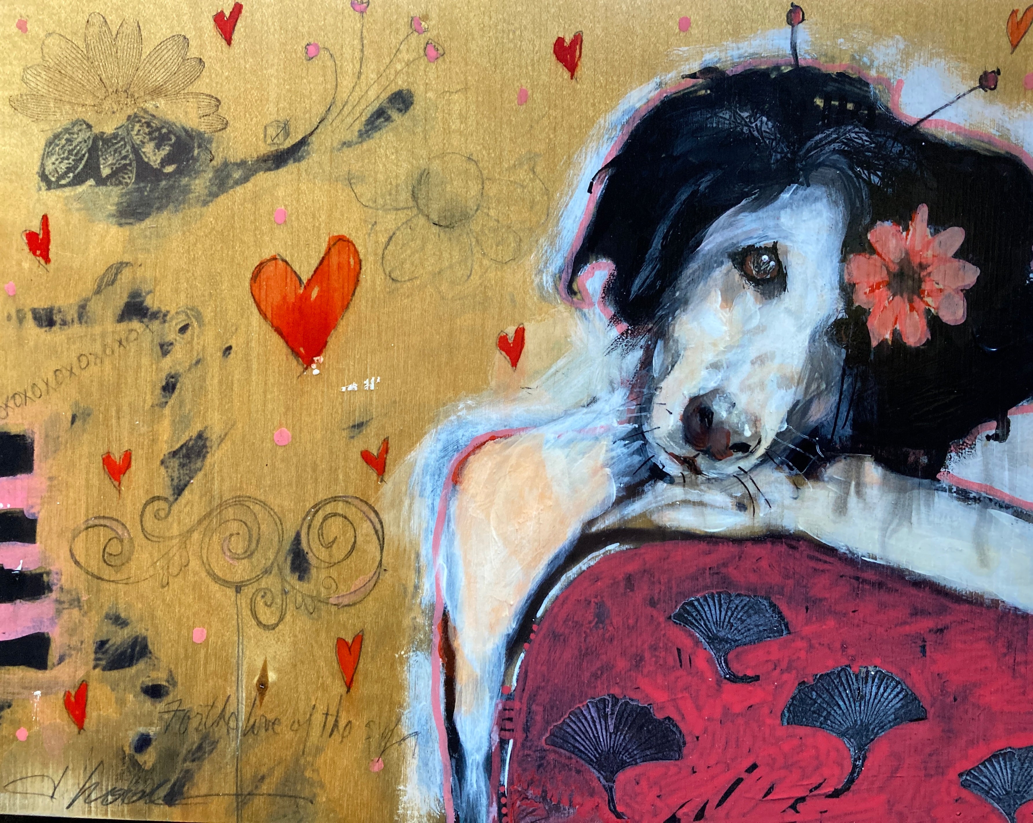 Artwork by Dee Hooker titled 'Hearts for the Arts' displayed in a golden background, featuring a whimsical dog with a flower in its fur and vibrant elements like hearts and artistic markings, created for Love My Sofa by Hearts for the Arts.