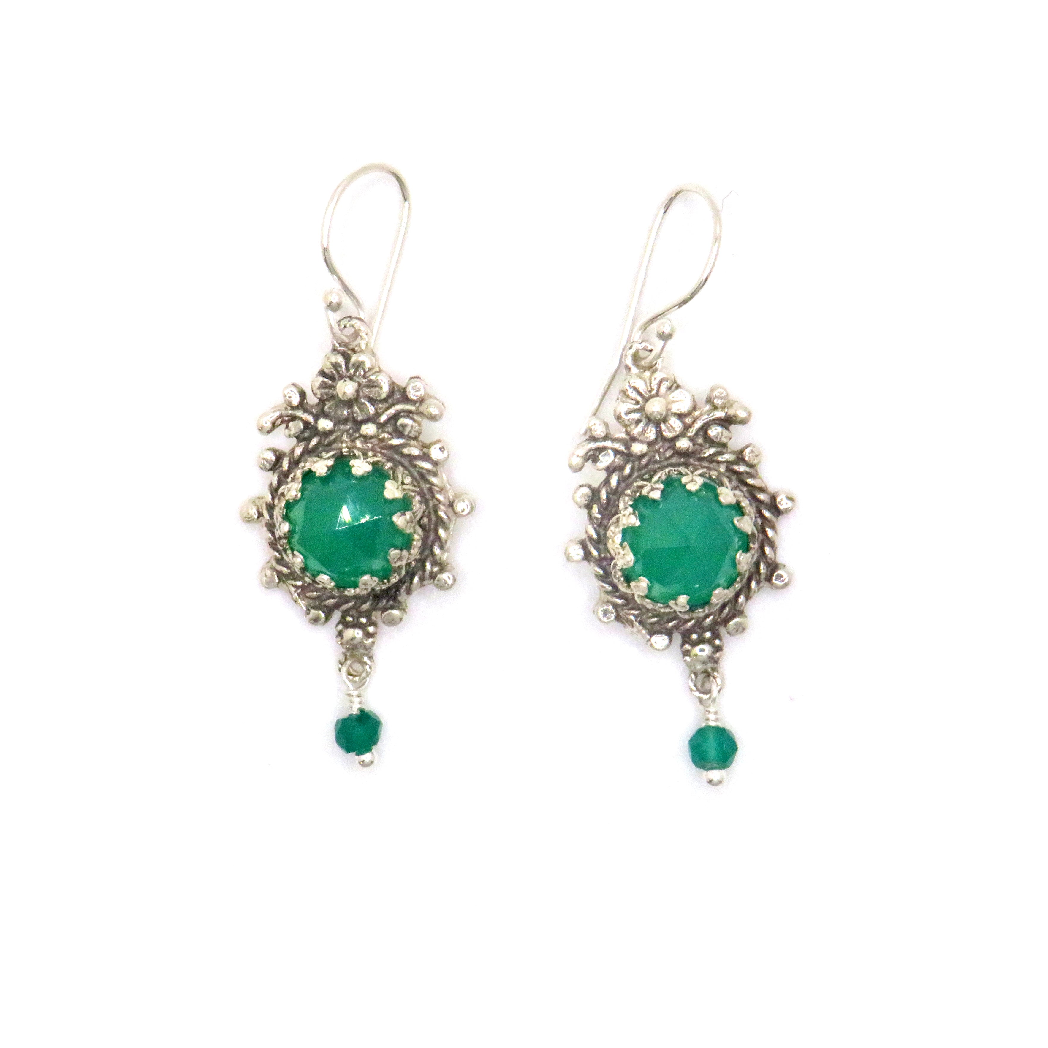Green Onyx and Sterling Silver Filigree Daisy Earrings