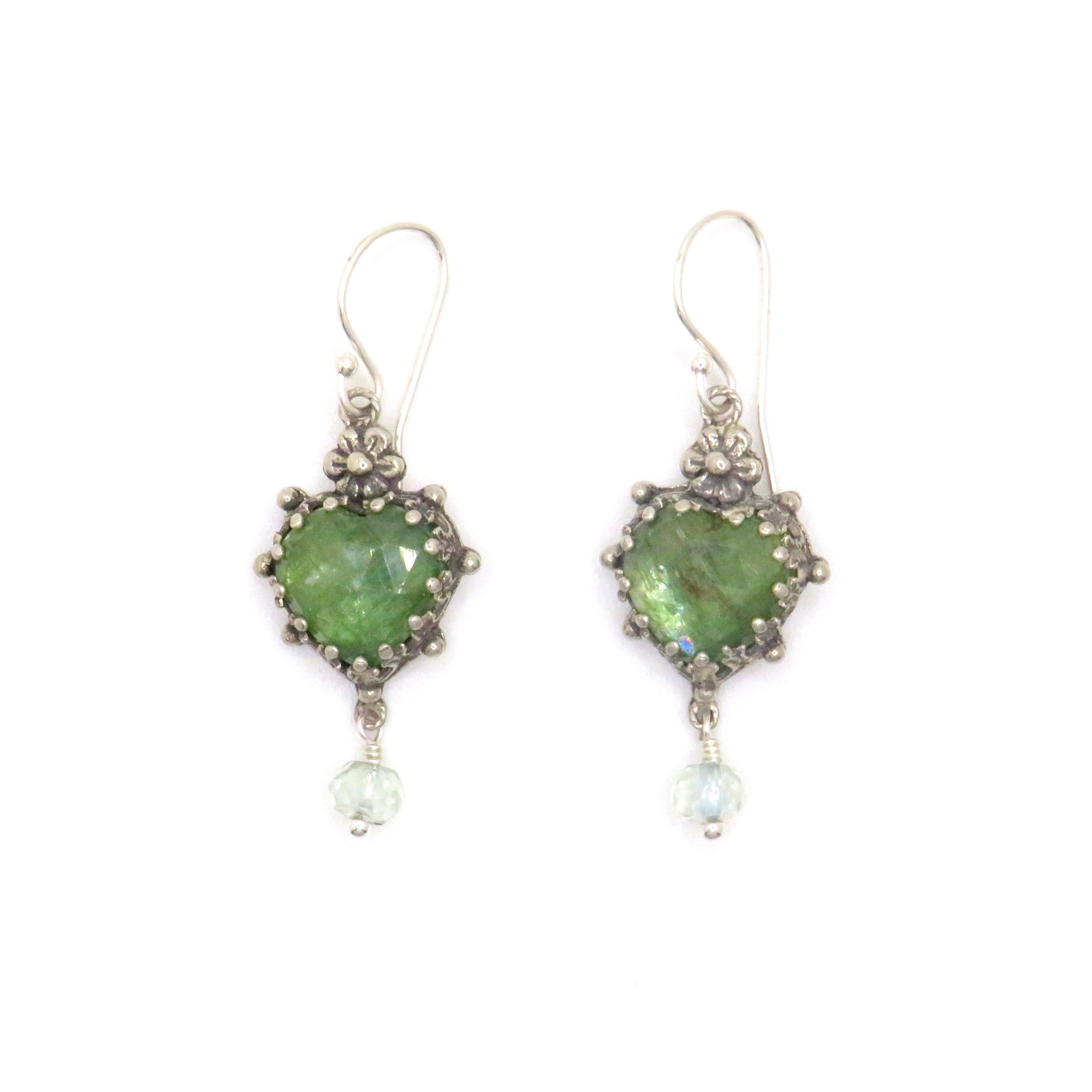 Heart-Shaped Mint Kyanite and Green Amethyst Filigree Daisy Earrings