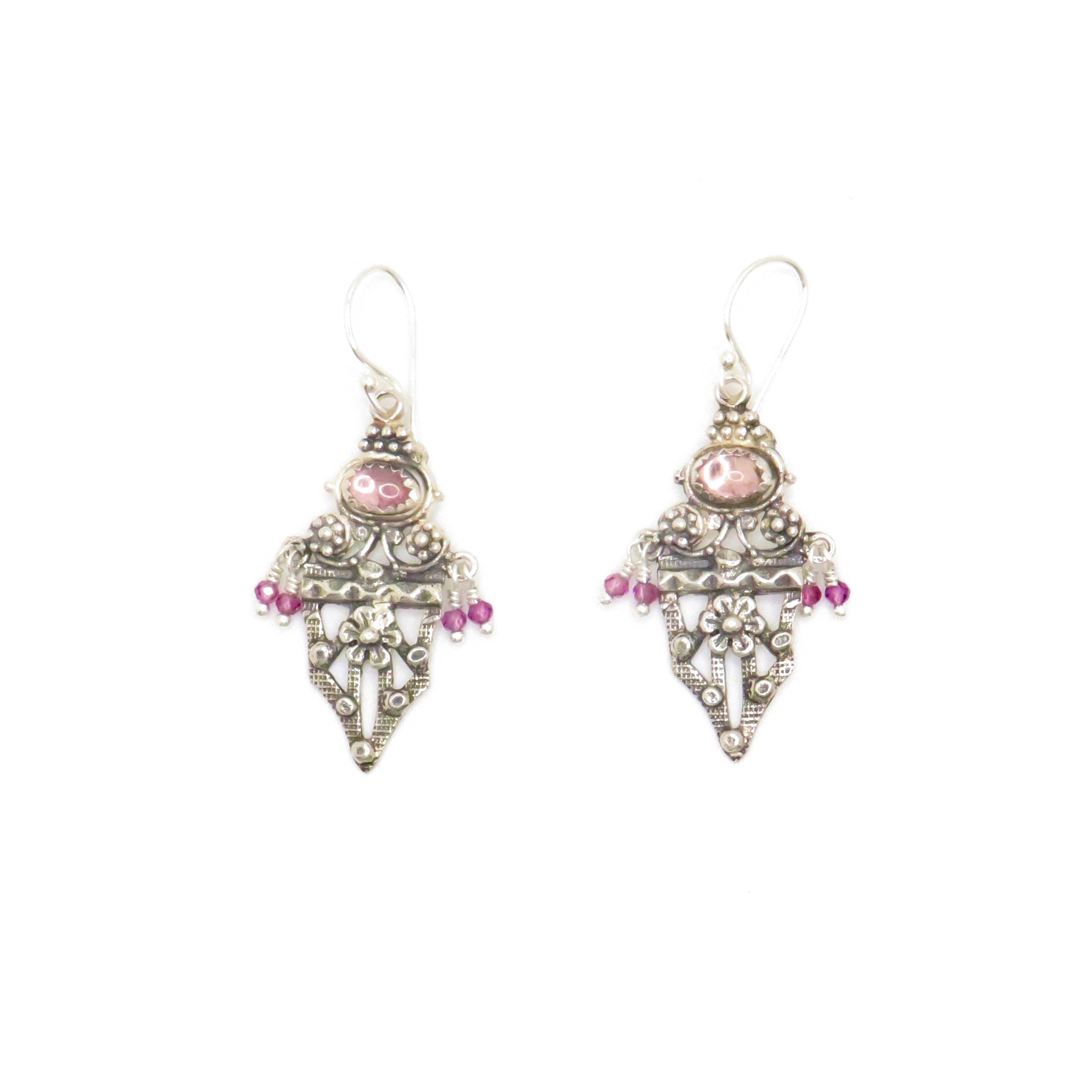 silver drop earrings with pink gemstone