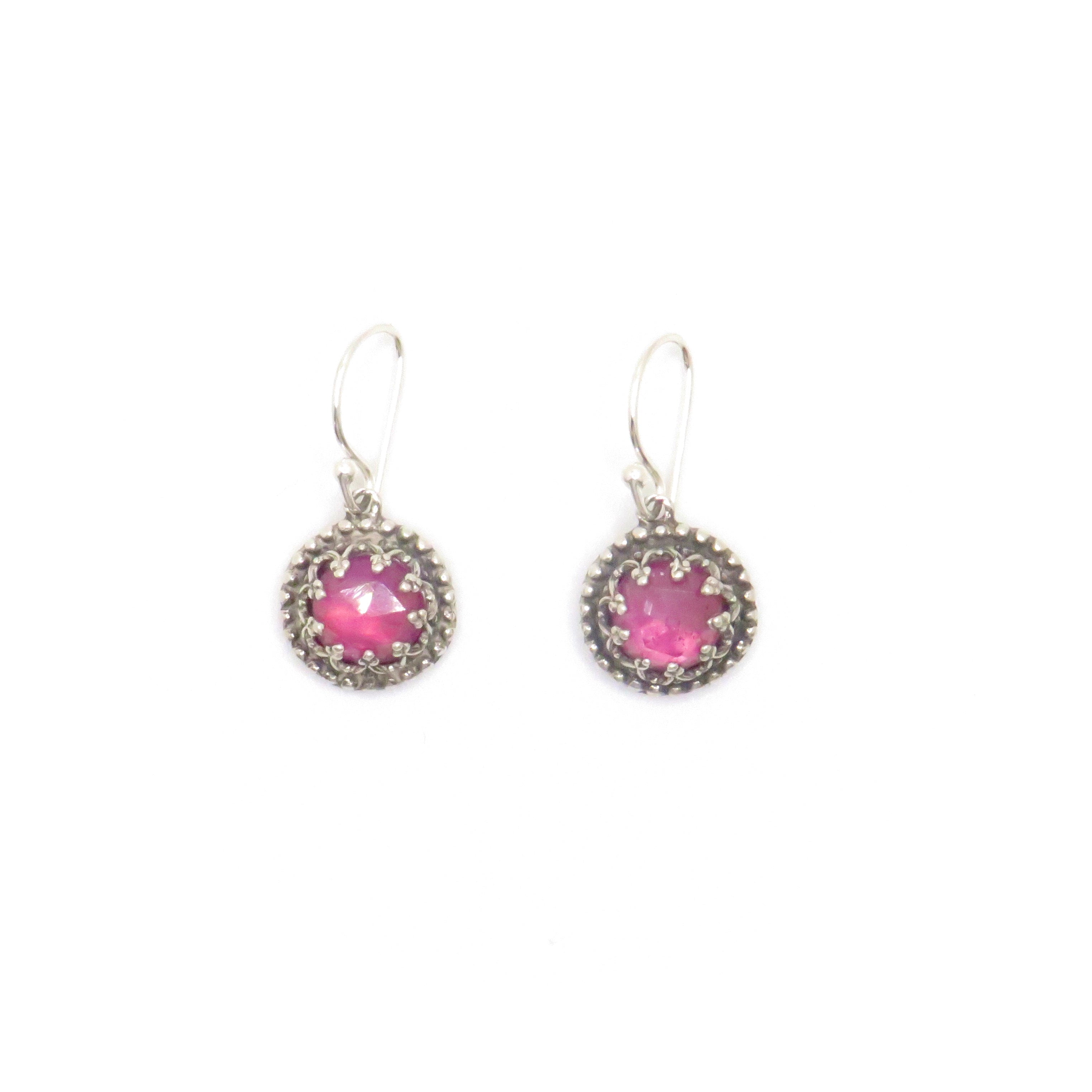 silver drop earrings with pink gemstone