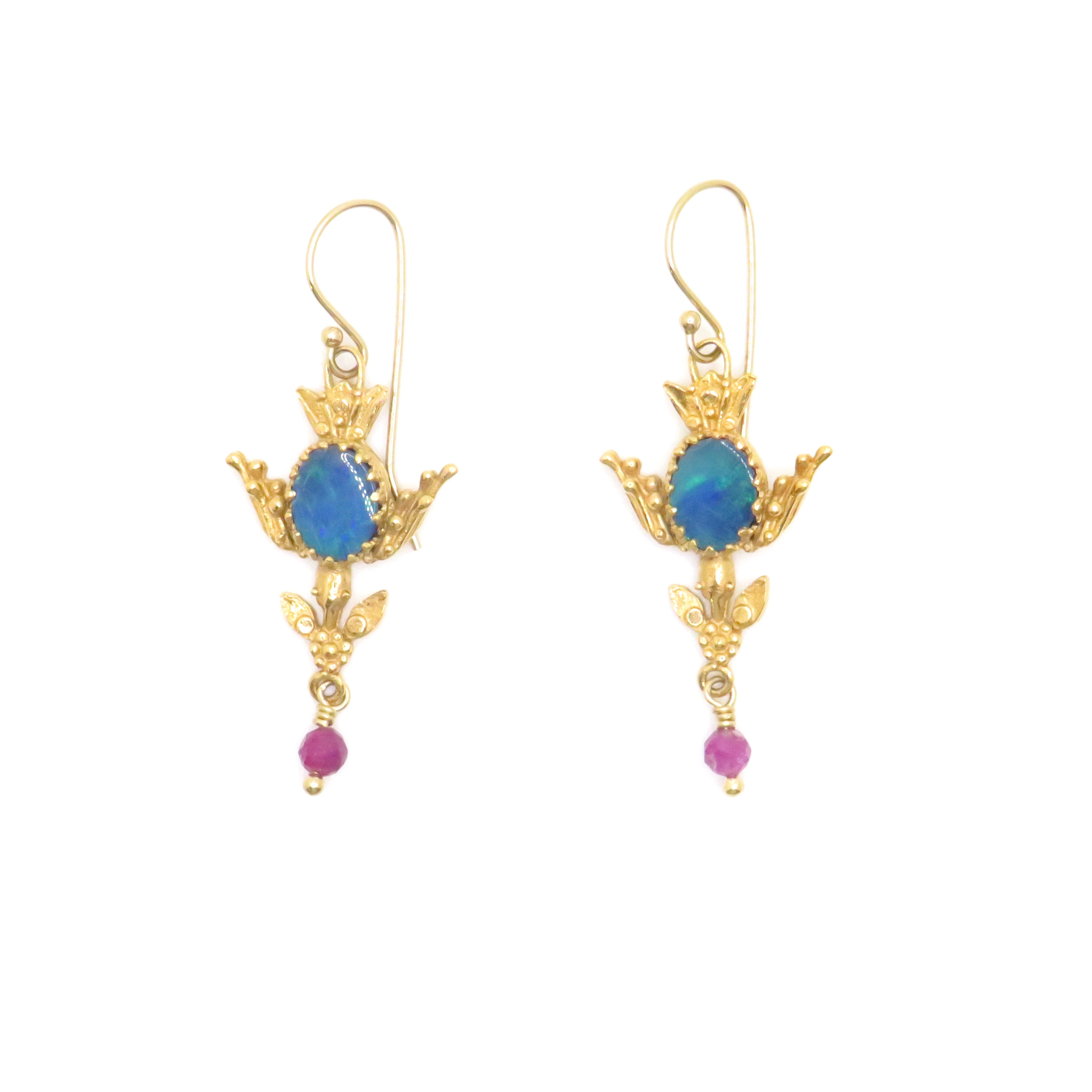 Opal and Ruby 18k Gold Vermeil Filigree Dangle Earrings