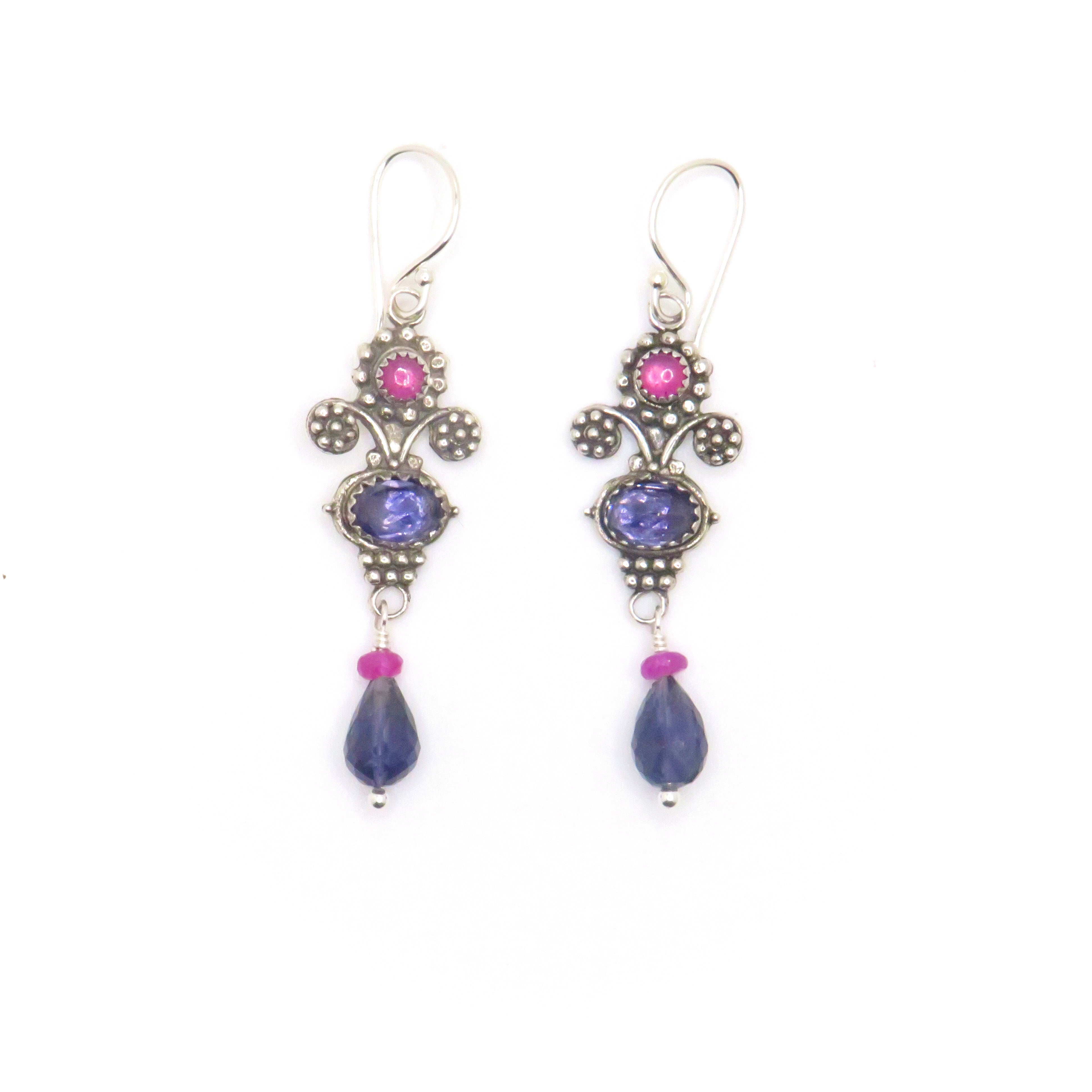 Iolite and Pink Sapphire Sterling Silver Filigree Dangle Earrings