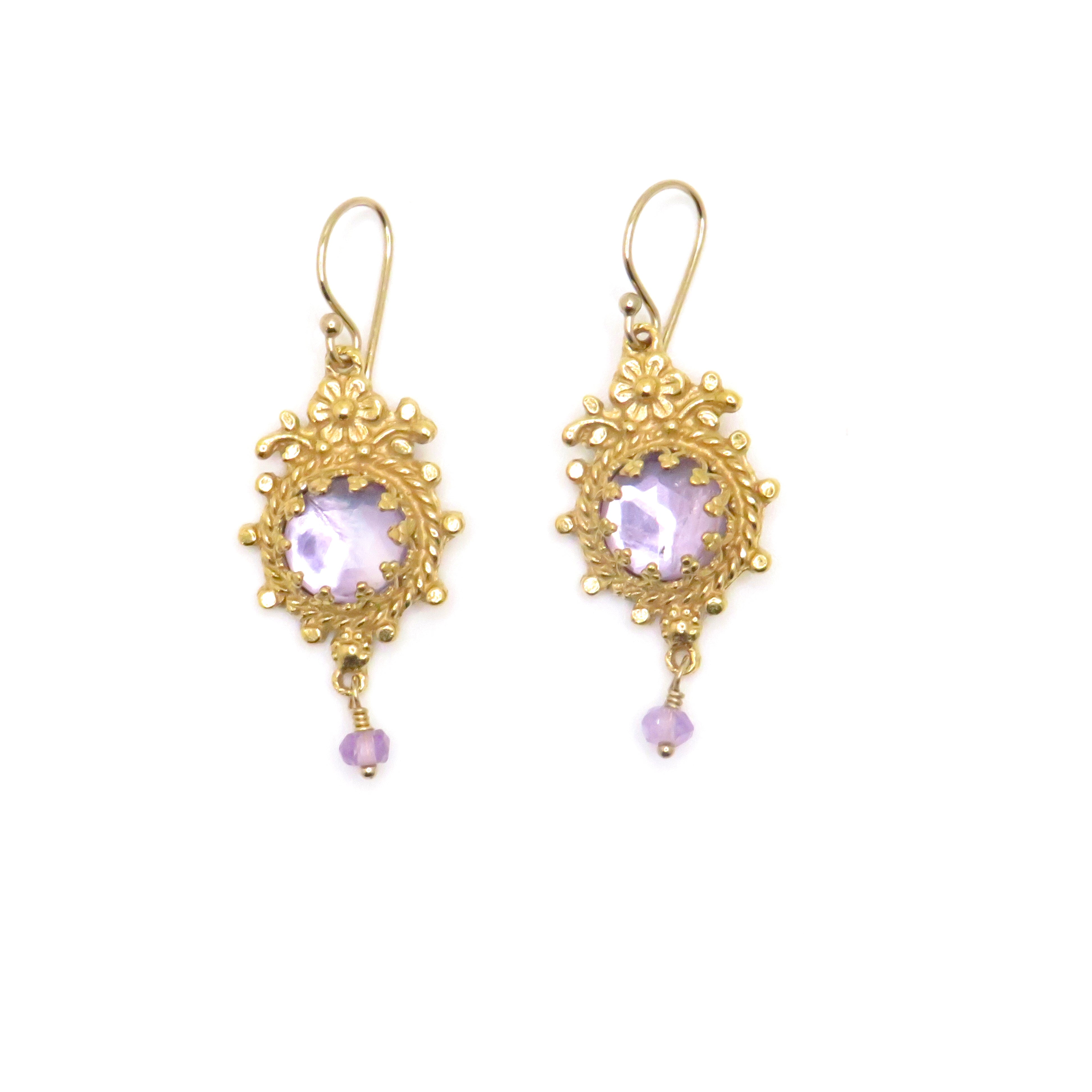 gold drop earrings with purple gemstone and bead