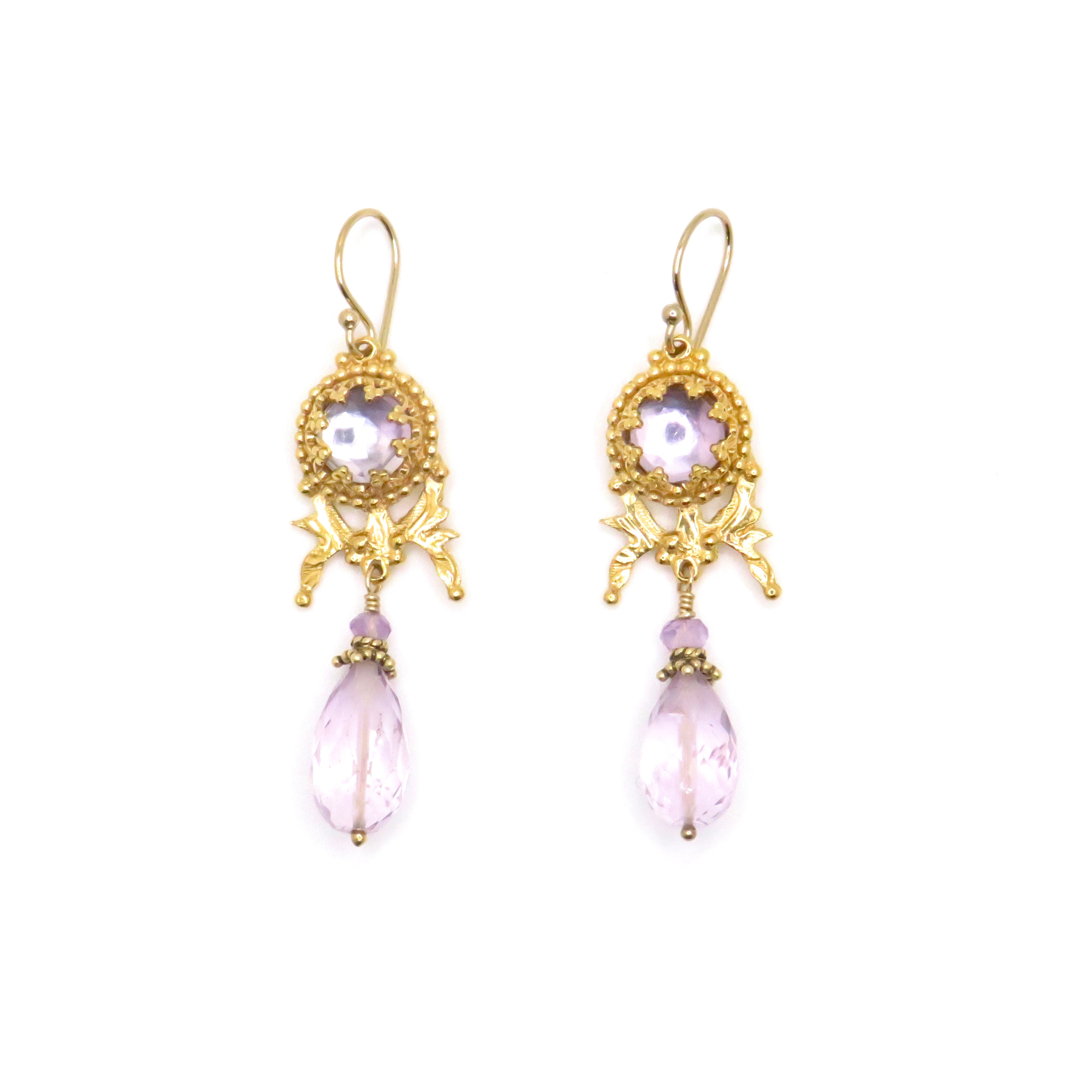 gold drop earrings with purple gemstone 